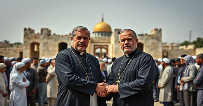 Portret Giuseppe Baturiego i Pierbattisty Pizzaballi przed budynkiem szpitala w Gazie w towarzystwie lokalnych władz muzułmańskich