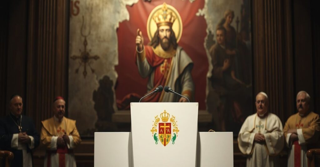 Tradycyjny ołtarz katolicki z pękniętym obrazem Chrystusa Króla na tle nowoczesnego podium z mikrofonem biskupów włoskich