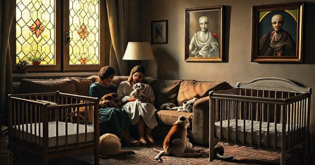 Pokoj rodzinny pełen zwierząt domowych zamiast dzieci, symbolizujący kryzys moralny we Włoszech.