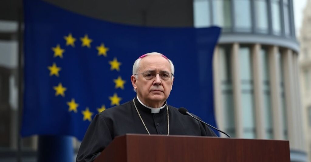 Portret "arcybiskupa" Mariano Crociaty podczas przemówienia w Luksemburgu, promujący naturalistyczną utopię zamiast Królestwa Chrystusa.