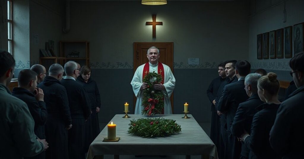 Wnętrze zakładu karnym Potulice podczas przedświątecznego spotkania z "biskupem" Krzysztofem Włodarczykiem bez prawdziwej mszy świętej