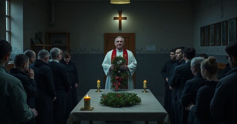 Wnętrze zakładu karnym Potulice podczas przedświątecznego spotkania z "biskupem" Krzysztofem Włodarczykiem bez prawdziwej mszy świętej