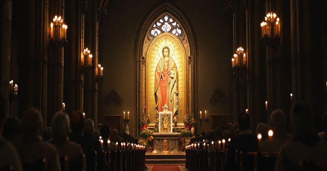 Wnętrze tradycyjnego kościoła katolickiego z ikoną Matki Bożej Otczyny Wszystkich Łask, otoczoną wierzącymi w uroczystych strojach liturgicznych, w kontrastie z modernistycznym obrazem Matki Bożej Solidarności, symbolizującym zniekształcenie teologiczne.