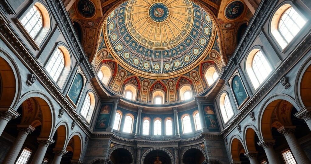 Wnętrze Hagii Sophii z majestatyczną kopułą i bizantyjską architekturą, podkreślające jej sakralne dziedzictwo z katolickiego punktu widzenia.