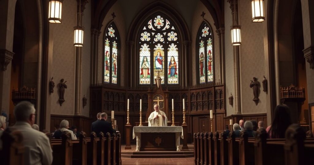 Fotografia realistyczna i pełna szacunku wnętrza katedry katolickiej podczas liturgii, z kapłanem celebrującym Eucharystię, podkreślająca sacrum i skupienie duchowe, bez elementów sztuczności czy symboliki surrealistycznej.