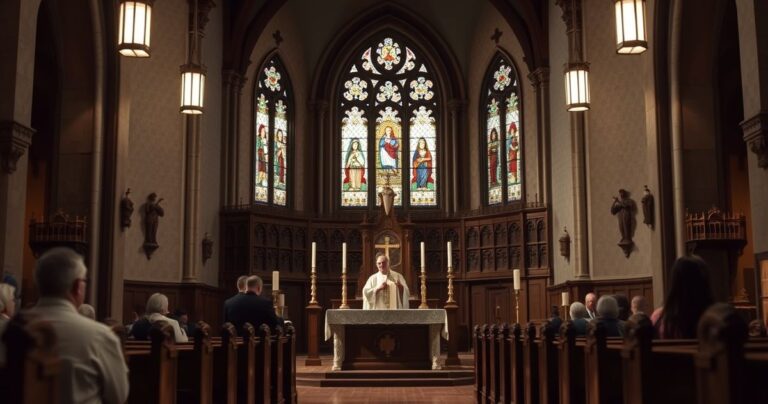 Fotografia realistyczna i pełna szacunku wnętrza katedry katolickiej podczas liturgii, z kapłanem celebrującym Eucharystię, podkreślająca sacrum i skupienie duchowe, bez elementów sztuczności czy symboliki surrealistycznej.