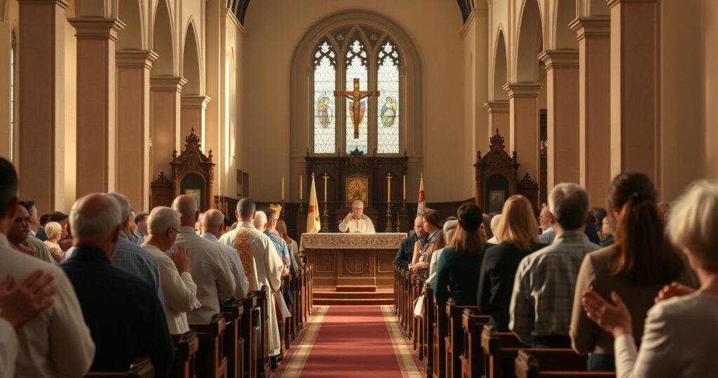 Realistyczne zdjęcie wnętrza katolickiej świątyni podczas Mszy, z kapłanem w liturgicznych szatach, altar z naczyniami eucharystycznymi i wiernymi modlącymi się w skupieniu, ukazujące religijną pobożność.