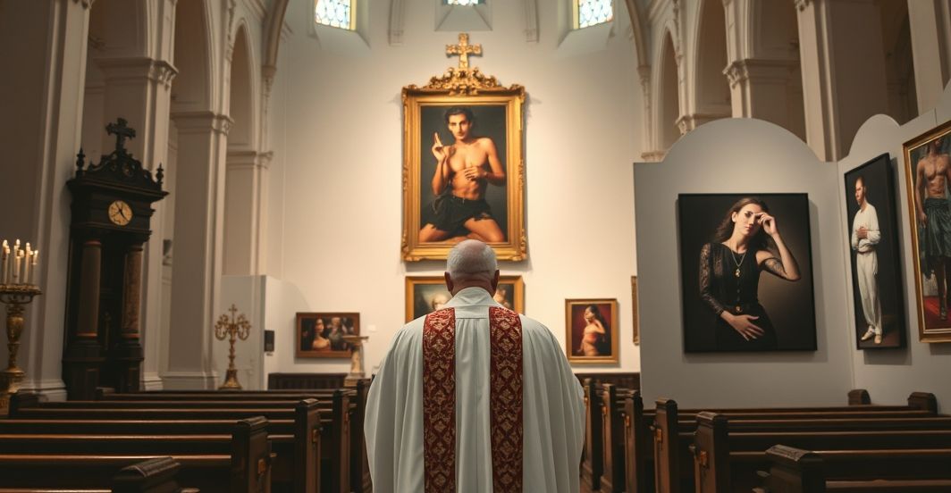 Obraz ukazujący wnętrze kościoła z kapłanem w liturgicznych szatach i kontrowersyjną sztuką nowoczesną w tle, symbolizującą krytykę współczesnej dewastacji sacrum