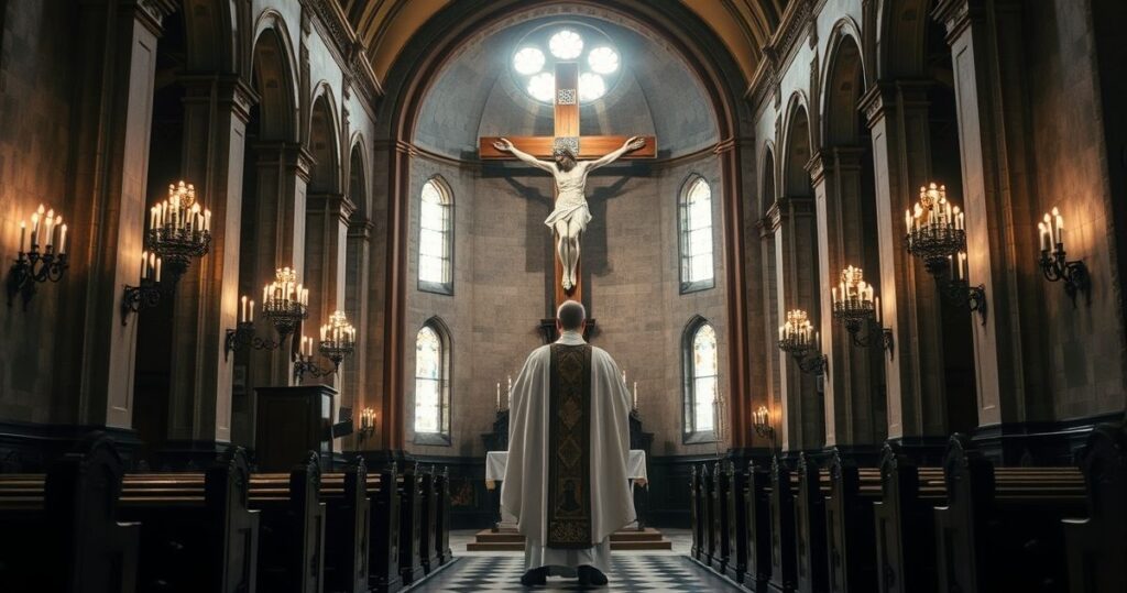Fotografia realistycznego wnętrza kościoła katolickiego z kapłanem w liturgicznych szatach przed krucyfiksem, podkreślająca świętość Chrystusa Króla i odwołująca się do krytyki modernistycznych odchyleń od wiary.