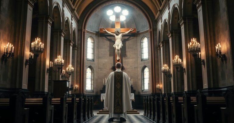 Fotografia realistycznego wnętrza kościoła katolickiego z kapłanem w liturgicznych szatach przed krucyfiksem, podkreślająca świętość Chrystusa Króla i odwołująca się do krytyki modernistycznych odchyleń od wiary.