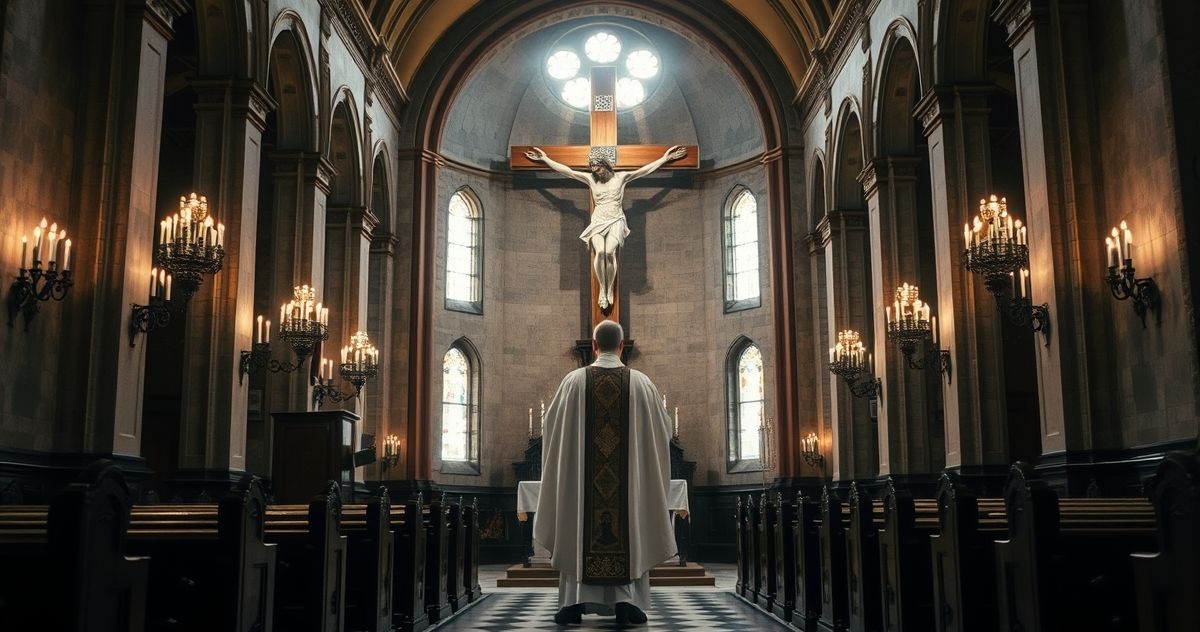 Wnętrze Kościoła Katolickiego z kapłanem i krucyfiksem - krytyka modernizmu Fotografia realistycznego wnętrza kościoła katolickiego z kapłanem w liturgicznych szatach przed krucyfiksem, podkreślająca świętość Chrystusa Króla i odwołująca się do krytyki modernistycznych odchyleń od wiary.