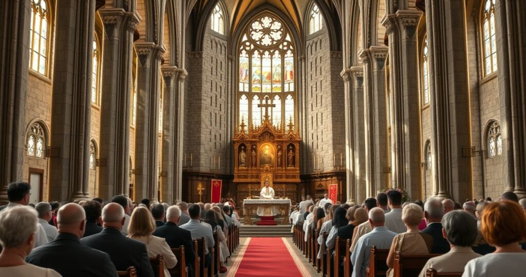 Fotografia realistycznego wnętrza kościoła katolickiego podczas nabożeństwa, z liturgicznym ołtarzem i wiernymi w modlitwie
