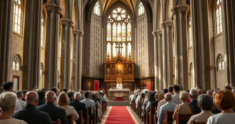 Fotografia realistycznego wnętrza kościoła katolickiego podczas nabożeństwa, z liturgicznym ołtarzem i wiernymi w modlitwie