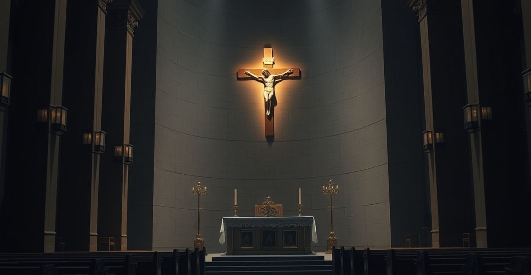 Reverentne wnętrze kościoła katolickiego z krucyfiksem i ołtarzem, podkreślające tradycyjną wiarę i duchowość, odpowiednie dla artykułu krytykującego sekularyzm i odwołującego się do Chrystusa Króla