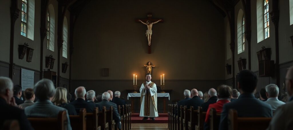 Obraz przedstawiający wnętrze tradycyjnego kościoła katolickiego podczas duchowego retretu. Na obrazie widoczny jest ksiądz Adam Łuźniak wygłaszający kazanie przed małą grupą wiernych. W tle widoczny jest krzyż i świece. Atmosfera jest smutna i refleksyjna.