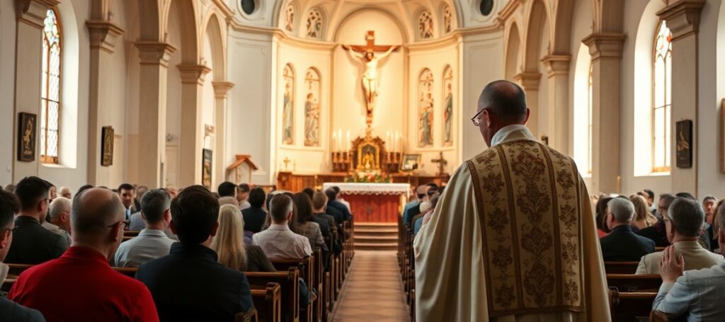 Wnętrze kościoła św. Stanisława w Żębocinie podczas Mszy Świętej w rytach tradycyjnych. Kapłan w tradycyjnych szatach liturgicznych wygłasza kazań o obronie prawa Bożego.