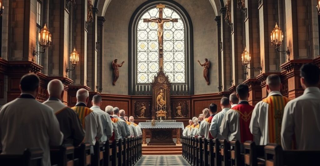 Wnętrze katolickiej świątyni z kapłanami podczas uroczystej mszy, oddające szacunek i wierność tradycji katolickiej, symbolizujące duchową moc i jedność w Chrystusie
