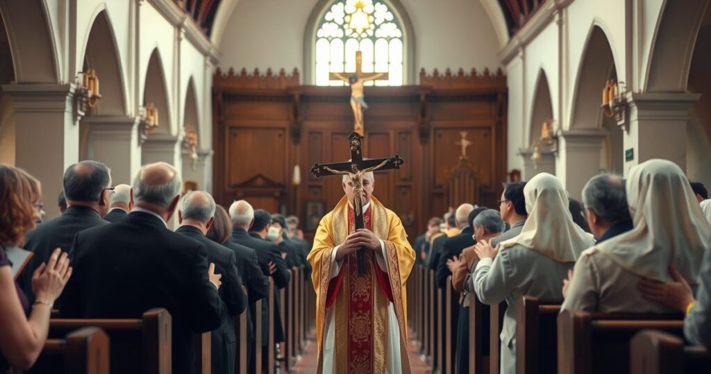 Zdjęcie realistycznego, pełnego szacunku wnętrza kościoła katolickiego z kapłanem trzymającym krucyfiks, modlącymi się wiernymi i spokojną, duchową atmosferą