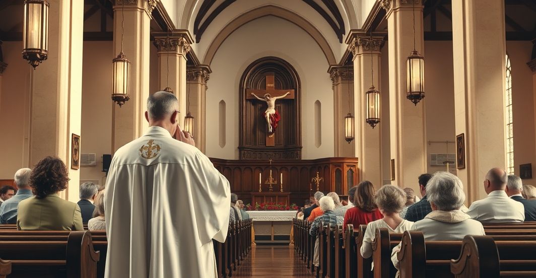 Wnętrze tradycyjnego kościoła katolickiego z kapłanem i krucyfiksem Obraz wnętrza tradycyjnego kościoła katolickiego z kapłanem trzymającym krucyfiks podczas modlitwy, symbolizujący wierność naukom Kościoła