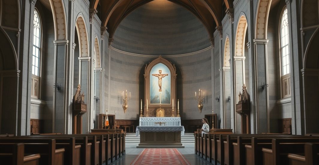 Wnętrze kościoła katolickiego z ołtarzem i adoracją Kościół katolicki, wnętrze z ołtarzem, atmosfera modlitwy i sakralności, tradycyjna religijna scena