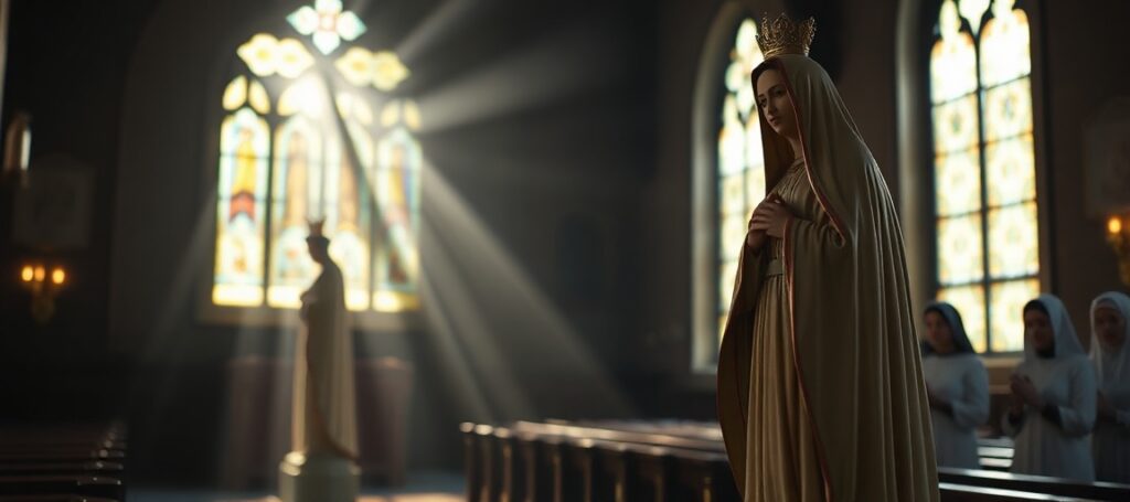 Wnętrze tradycyjnego kościoła katolickiego z figurą Matki Bożej z Fatimy na pierwszym planie