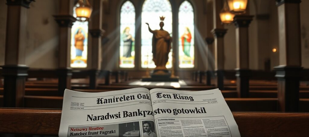 Wnętrze tradycyjnego kościoła katolickiego z rzeźbą Chrystusa Króla i gazetą o nagrodzie NBP