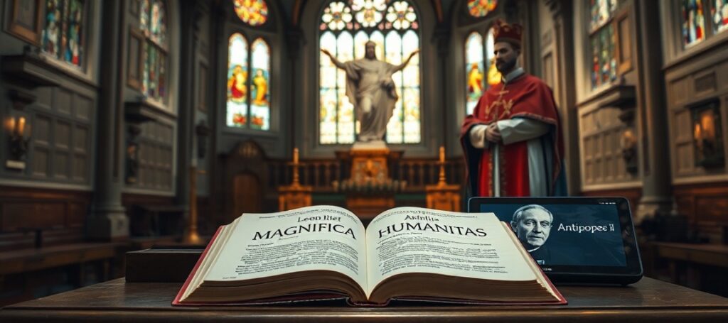 Wnętrze tradycyjnego kościoła katolickiego z postacią Chrystusa Króla i otwartą księgą z tytułem 'Magnifica Humanitas'.