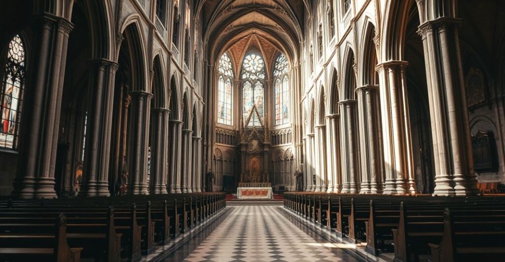 Realistyczne zdjęcie wnętrza katedry Notre-Dame ukazujące jej sakralny charakter z głównym ołtarzem i nawą, bez elementów symbolicznych czy surrealistycznych