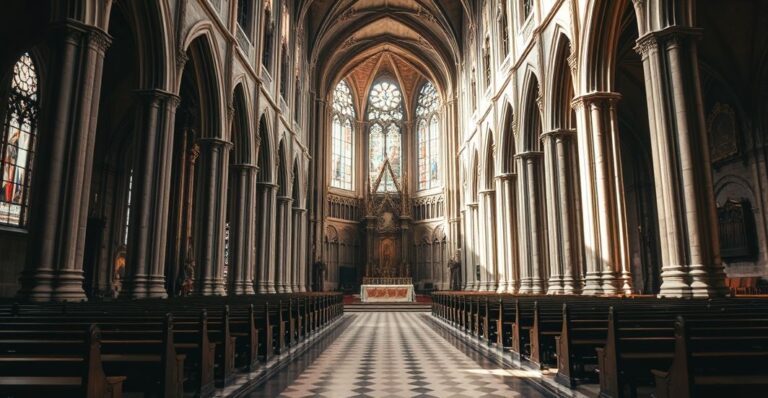Realistyczne zdjęcie wnętrza katedry Notre-Dame ukazujące jej sakralny charakter z głównym ołtarzem i nawą, bez elementów symbolicznych czy surrealistycznych