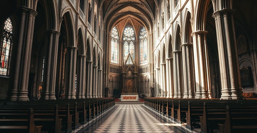 Realistyczne zdjęcie wnętrza katedry Notre-Dame ukazujące jej sakralny charakter z głównym ołtarzem i nawą, bez elementów symbolicznych czy surrealistycznych