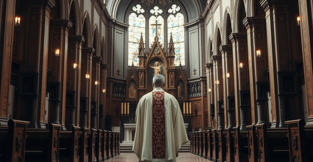 Obraz wnętrza katolickiej świątyni z kapłanem przy ołtarzu, ukazujący powagę i tradycyjną estetykę, wywołujący refleksję nad degradacją sztuki sakralnej
