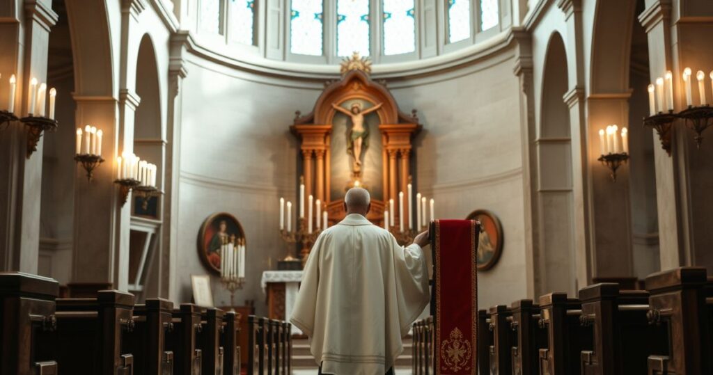 Realistyczne zdjęcie katolickiego wnętrza kościoła z kapłanem przed ołtarzem, symbolizujące wiarę i tradycję religijną.