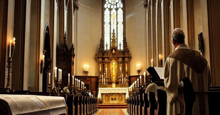 Zdjęcie realistycznego, pełnego szacunku wnętrza katolickiej świątyni podczas koncertu organowego, z ołtarzem i kapłanem w vestis, ukazujące odchodzenie od liturgicznego charakteru wydarzenia