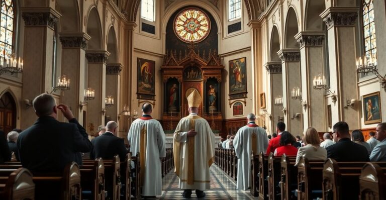 Zdjęcie wnętrza katolickiej świątyni z tradycyjnymi elementami liturgicznymi, ukazujące krytykę modernistycznych zmian w Kościele
