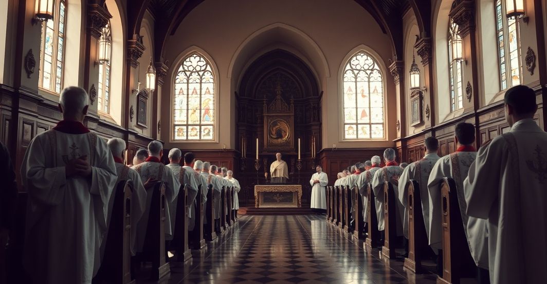 Obraz kościoła katolickiego, kapłanów w vestmentach, w skupieniu na modlitwie i duchowości, symbolizujący odrzucenie modernistycznej herezji i transhumanizmu.