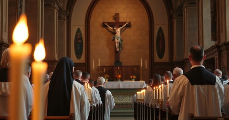 Sentymentalny, realistyczny obraz wnętrza tradycyjnego kościoła katolickiego z kapłanami i krucyfiksem, symbolizujący powagę i autentyczność katolickiej wiary.