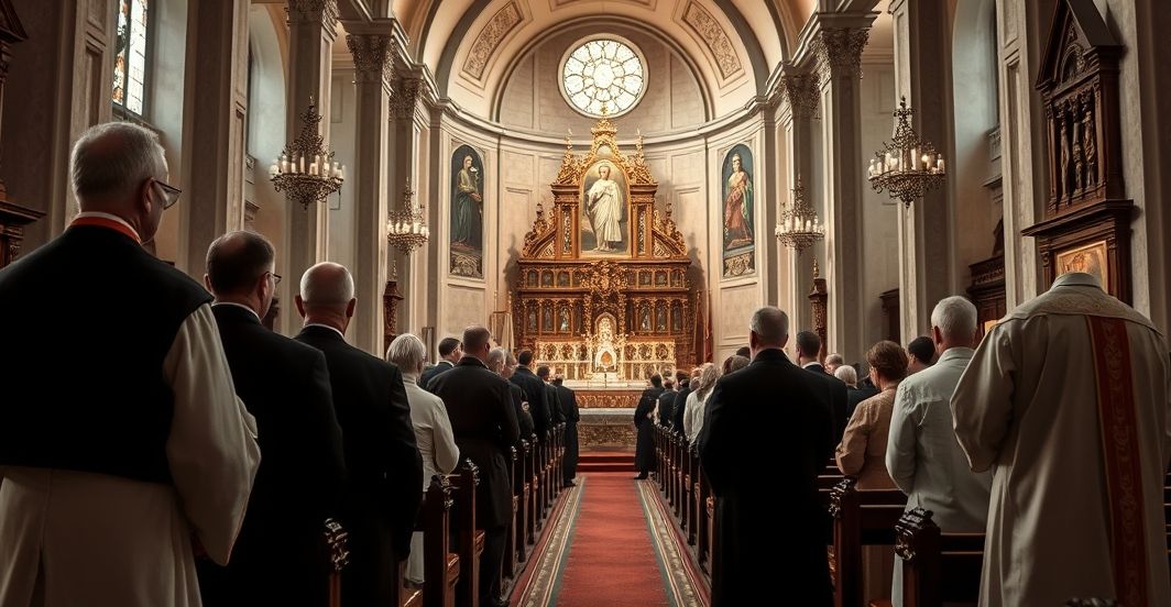 Wnętrze kościoła podczas wystawy o Pileckim i Wyszyńskim – kontrowersja katolicka Wnętrze kościoła katolickiego z duchownymi i wiernymi podczas wystawy o Pileckim i Wyszyńskim, ukazujące powagę i krytykę modernistycznej reinterpretacji historii Kościoła.