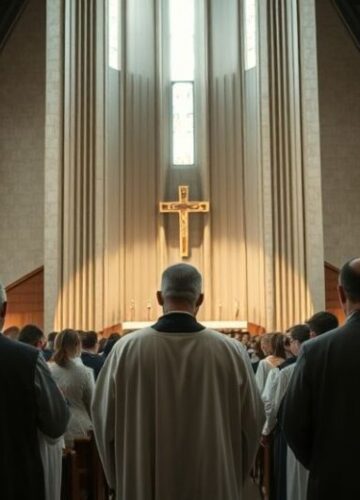 Wnętrze katolickiego kościoła z kapłanami w modlitwie Wnętrze katolickiego kościoła z kapłanami w tradycyjnych szatach, w skupieniu i pokorze, podkreślające duchową powagę i oddanie Bogu