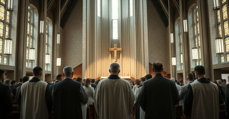 Wnętrze katolickiego kościoła z kapłanami w tradycyjnych szatach, w skupieniu i pokorze, podkreślające duchową powagę i oddanie Bogu