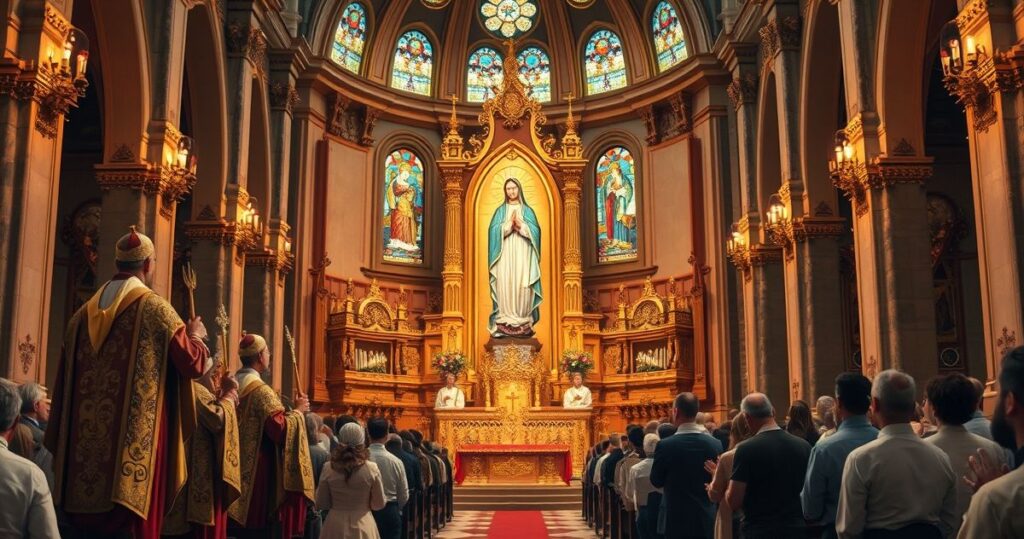Religijna scena katolickiej uroczystości Wniebowzięcia Maryi na tradycyjnym ołtarzu z wiernymi w modlitwie, ukazująca głęboką pobożność i wierność tradycji katolickiej.