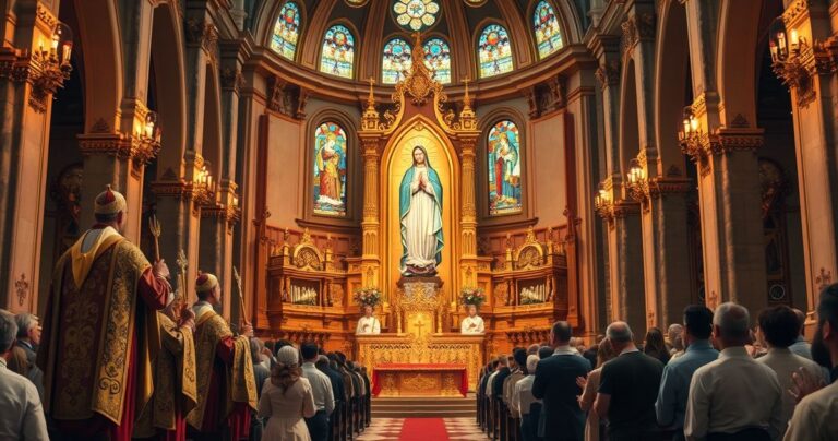 Religijna scena katolickiej uroczystości Wniebowzięcia Maryi na tradycyjnym ołtarzu z wiernymi w modlitwie, ukazująca głęboką pobożność i wierność tradycji katolickiej.
