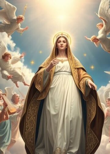 Wniebowzięcie Najświętszej Maryi Panny - obraz katolicki Realistyczny obraz Wniebowzięcia Najświętszej Maryi Panny w tradycyjnym katolickim stylu, ukazujący Matkę Bożą w koronie, wstępującą do nieba w otoczeniu aniołów, pełen szacunku i duchowej głębi