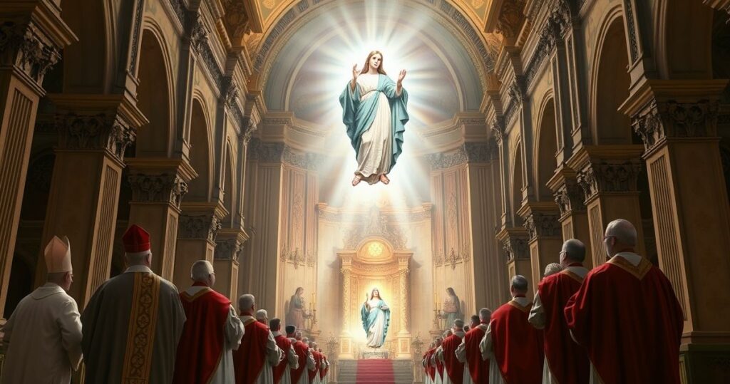 Realistyczne zdjęcie katolickie przedstawiające Wniebowzięcie Najświętszej Maryi Panny w tradycyjnej scenerii kościelnej, z kapłanami w liturgicznych vestmentach, podkreślające sacrum i wiarę.