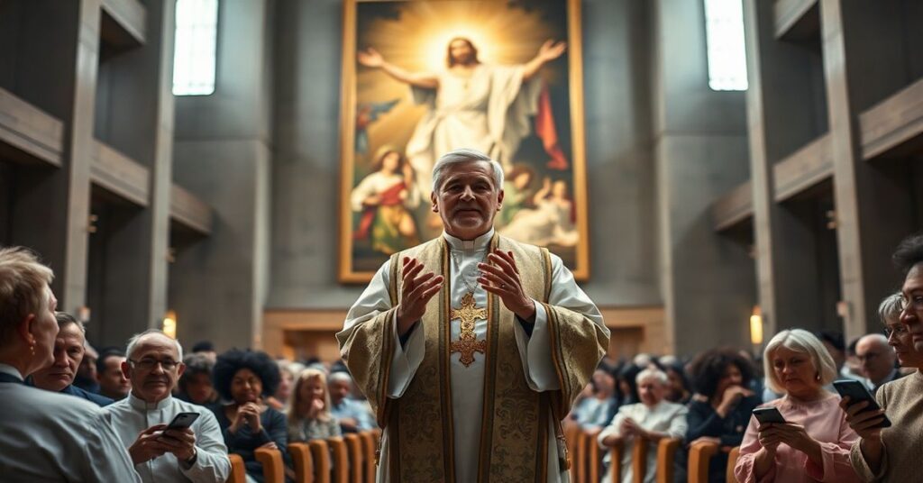 Wojciech Polak jako „prymas” w nowoczesnym kościele podczas Wielkanocnego przemówienia z symboliką wody i abstrakcyjną przedstawieniem Zmartwuchstania Chrystusa.