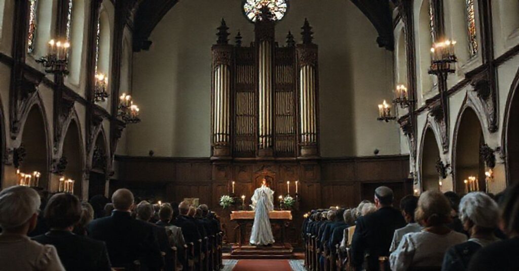 Wnętrze kościoła w Wójcinie z historycznymi organami podczas kontrowersyjnej ceremonii z udziałem "bp" Damiana Bryla.