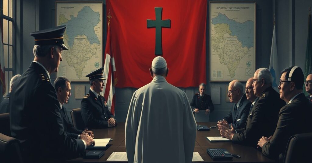 Realistyczny obraz współczesnej wojny bez obecności Chrystusa - generałowie i politycy dyskutują strategie wojenne w pokoju z mapami i wojskowymi symbolami. Na tle modli się katolicki kapłan - kontrastując z bezmyślnym planowaniem wojny.