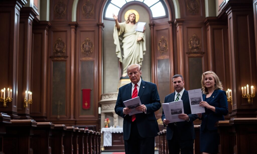 Wnętrze tradycyjnego kościoła katolickiego z figurą Chrystusa Króla na pierwszym planie. Na przednim planie stoi Donald Trump wraz z Pete Hegseth, Tim Kaine i Susan Collins trzymając dokumenty związane z Rezolucją o Uprawnieniach Wojennych.