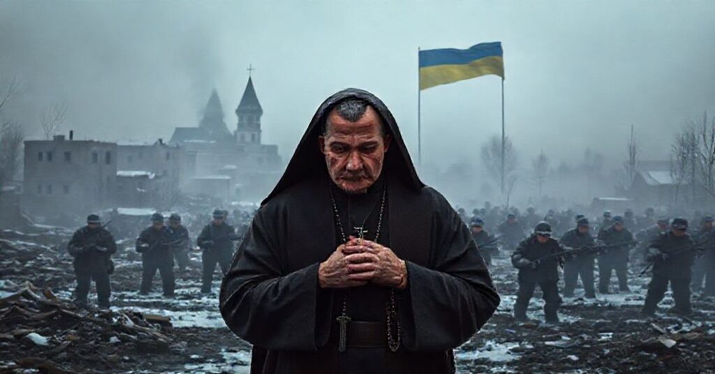 Realistyczny obraz konfliktu w Pokrowsku z rosyjskimi wojskami i ukraińskimi żołnierzami na tle zniszczonego miasta oraz modlącego się katolickiego księdza.