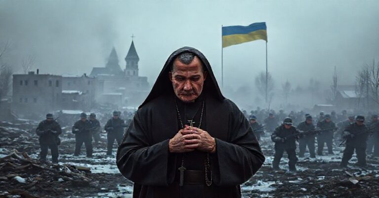 Realistyczny obraz konfliktu w Pokrowsku z rosyjskimi wojskami i ukraińskimi żołnierzami na tle zniszczonego miasta oraz modlącego się katolickiego księdza.