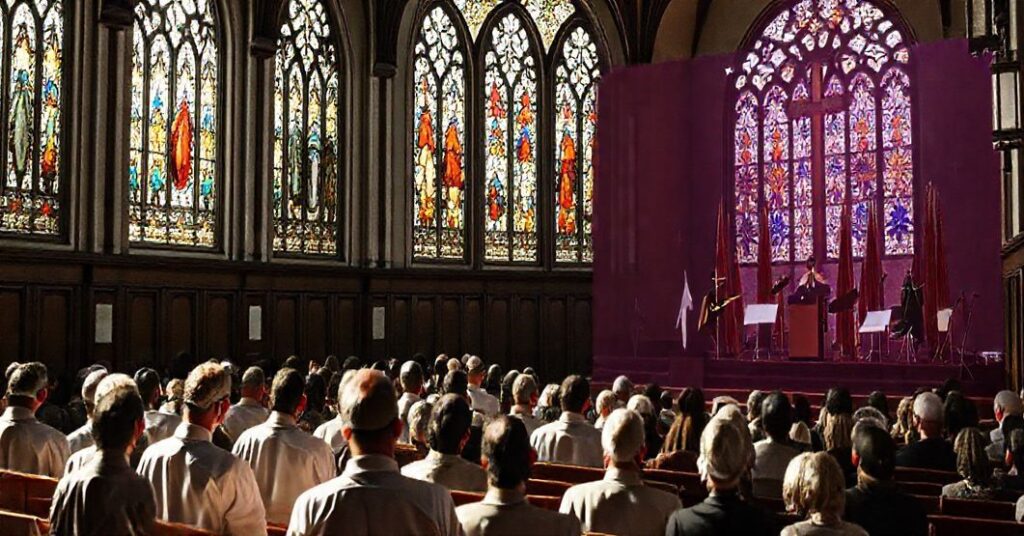 Wnętrze tradycyjnego kościoła katolickiego z oknami witrażowymi, kontrastujące z nowoczesnymi elementami przedstawiającymi fałszywy ekumenizm.